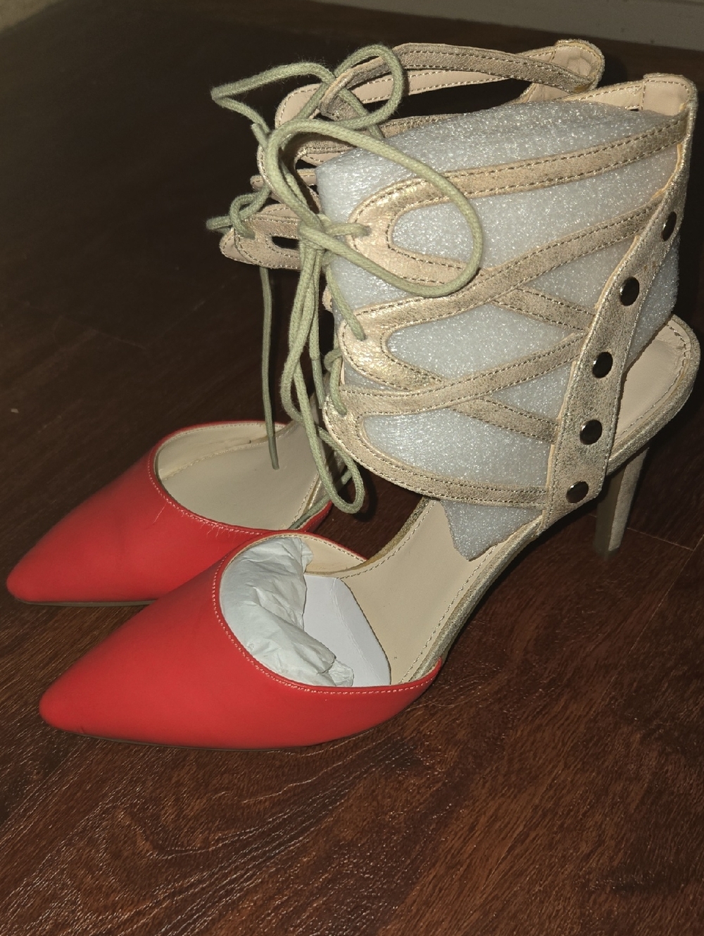 Barr III Red Pointed Toe Lace-Up Ankle Strap Heels